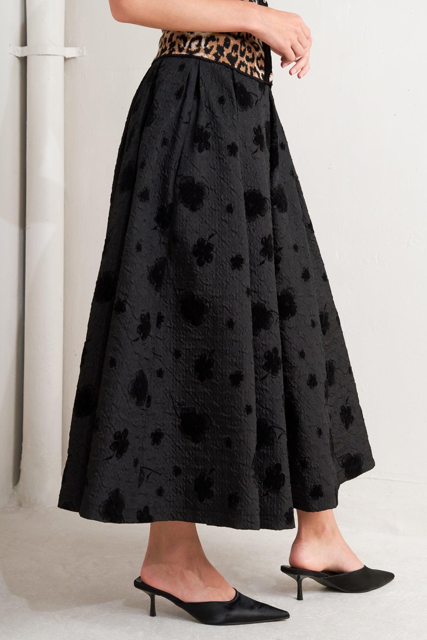 Noir Blooming Romance Woven Full Midi Skirt