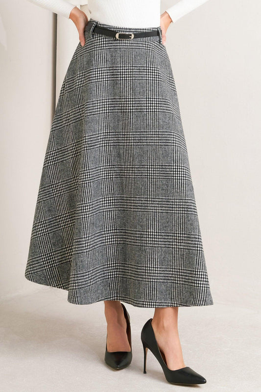 City Checkline Woolen Woven Midi Skirt