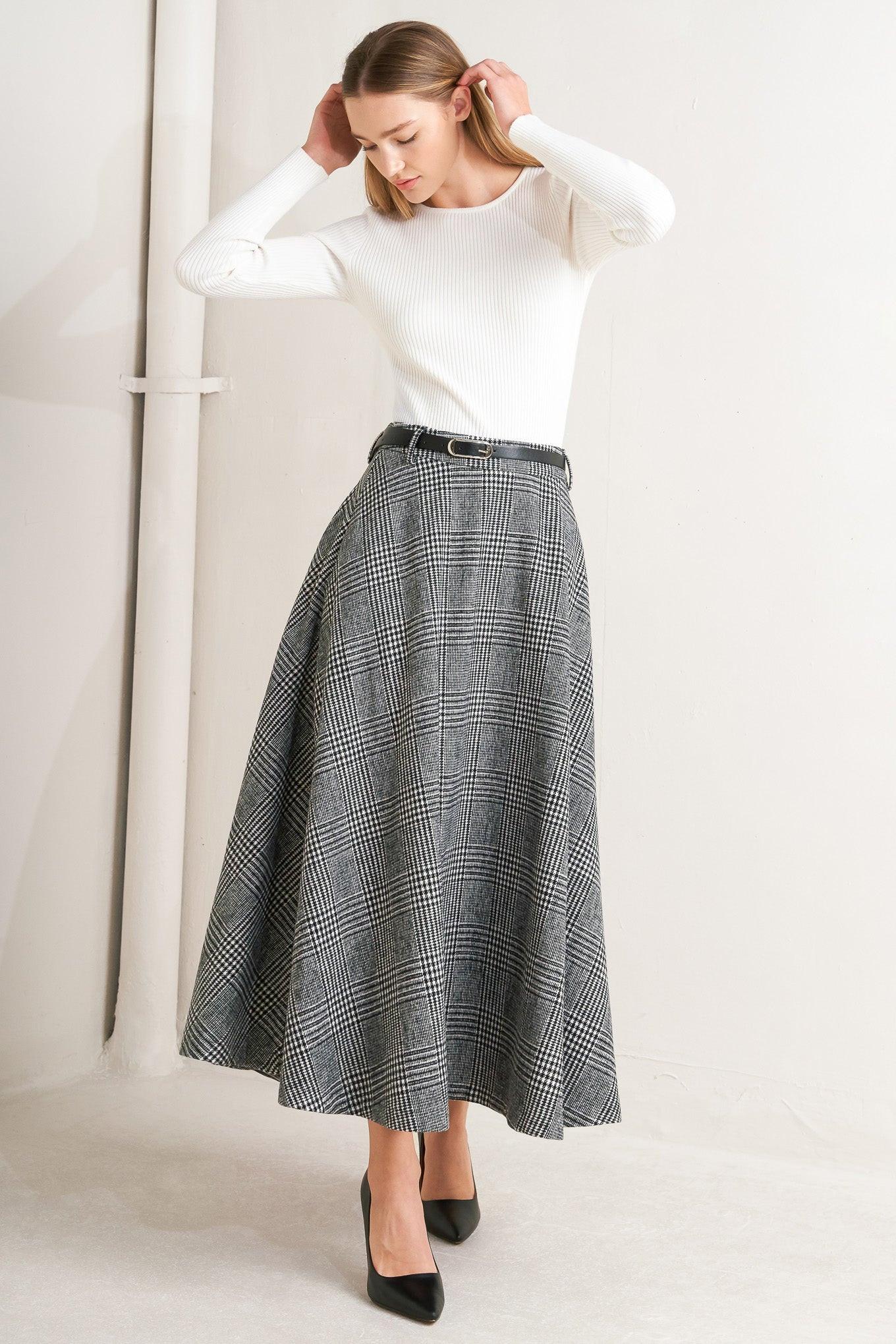 City Checkline Woolen Woven Midi Skirt