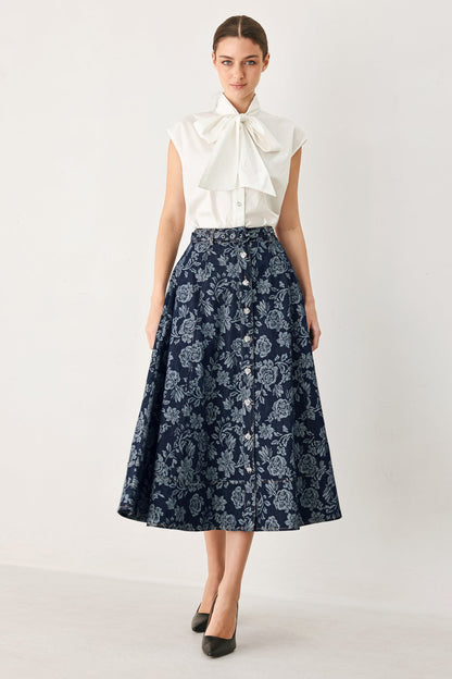 Rosette Floral Woven Jacquard Full Skirt