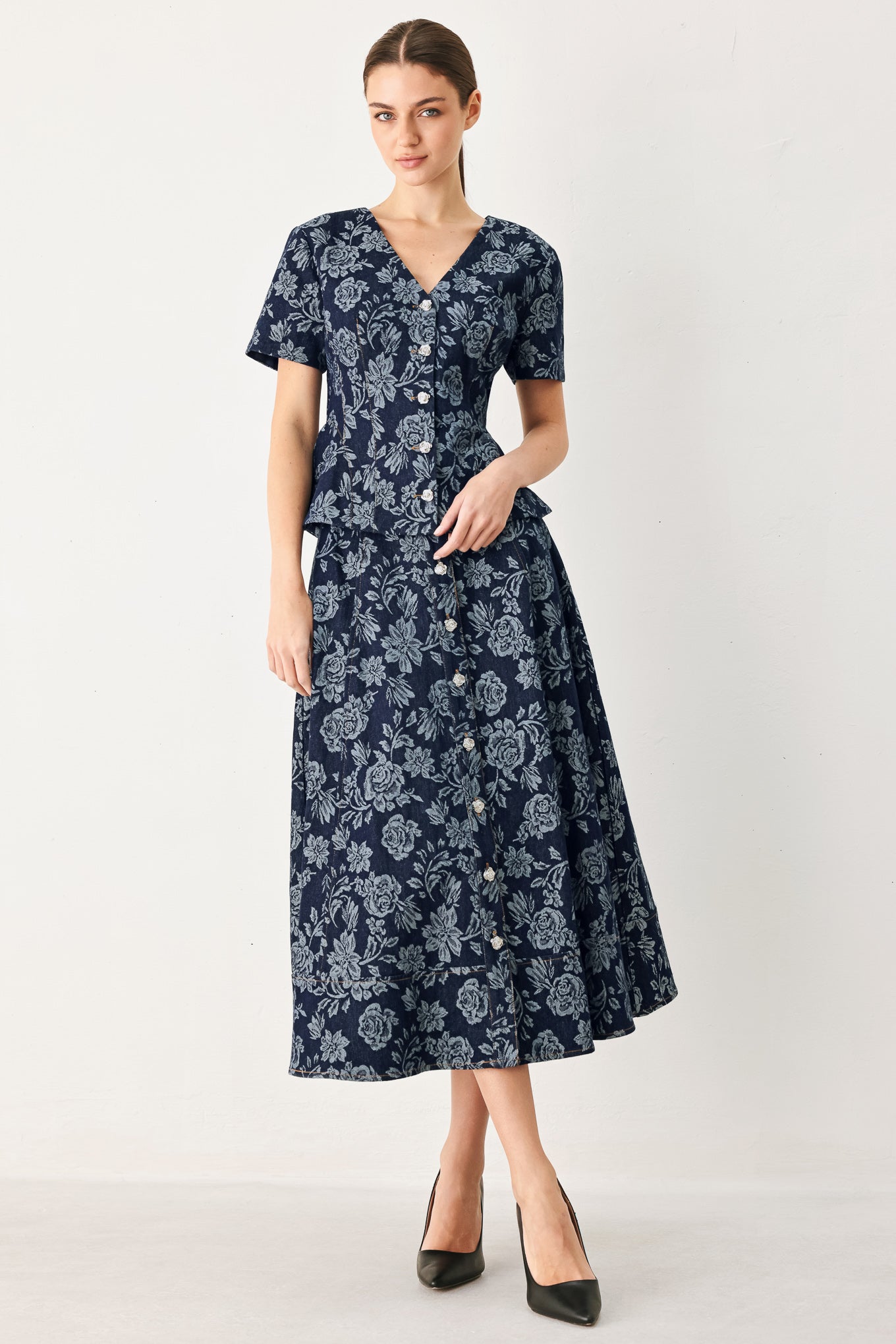 Rosette Floral Woven Jacquard Full Skirt