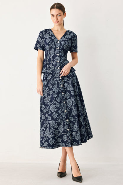 Rosette Floral Woven Jacquard Full Skirt