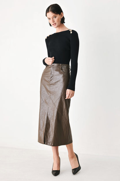Stone Leather Column Faux Leather Pencil Skirt