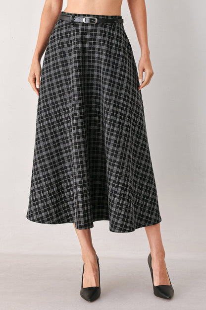 Monochrome Check Full-sweep Midi Skirt