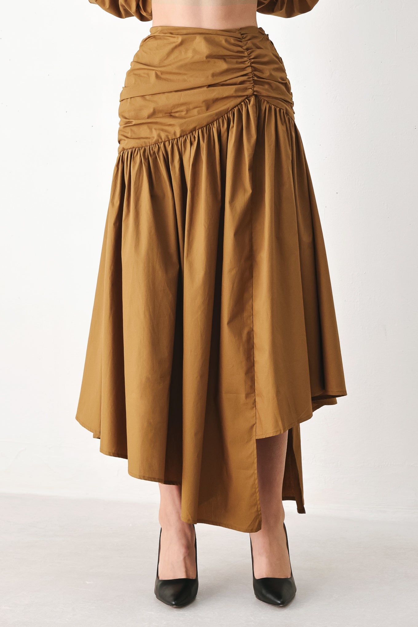 Golden Brown Cascade Woven Midi Skirt