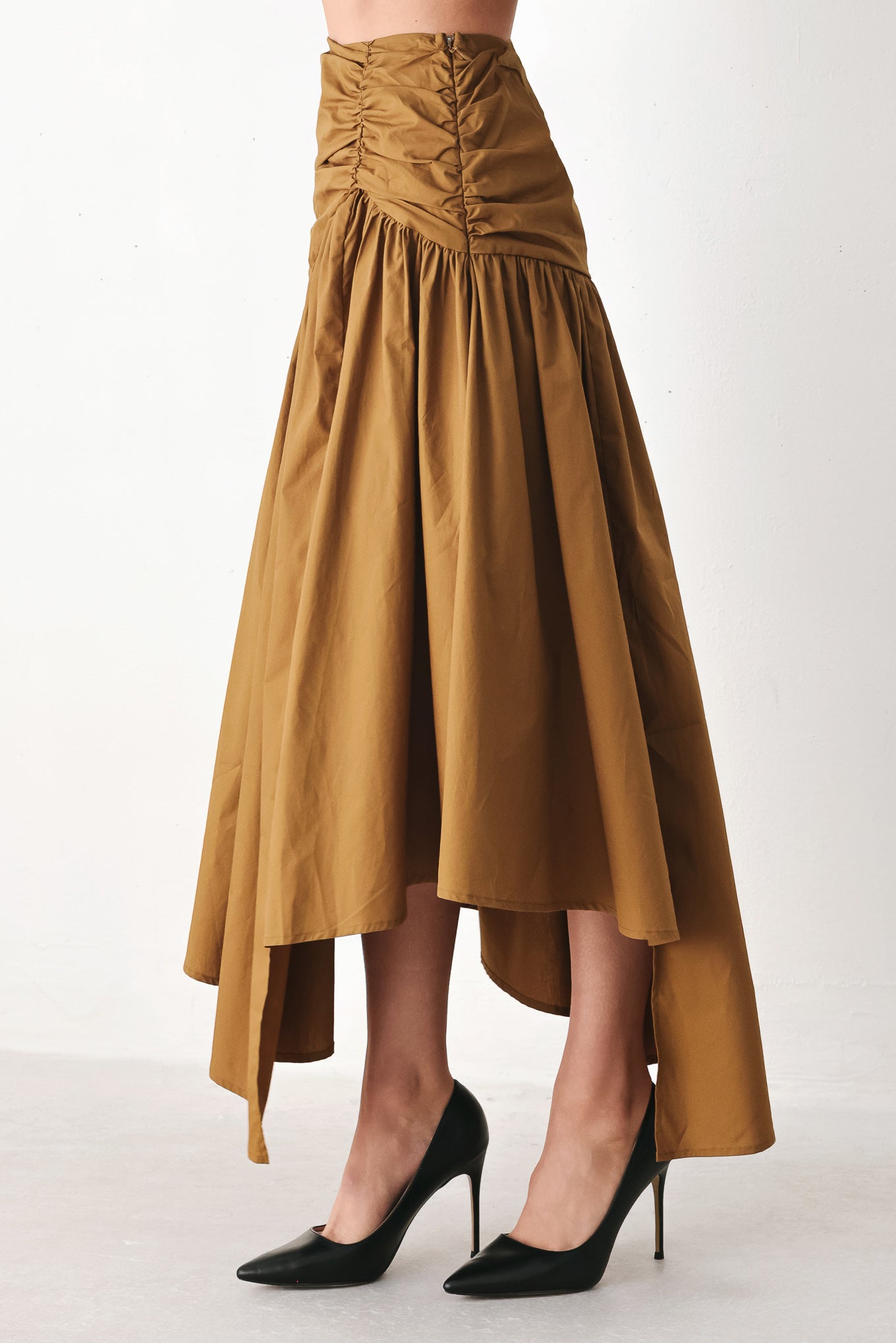 Golden Brown Cascade Woven Midi Skirt