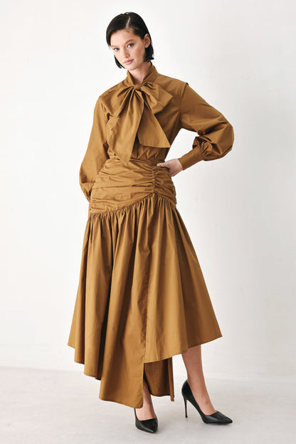 Golden Brown Cascade Woven Midi Skirt