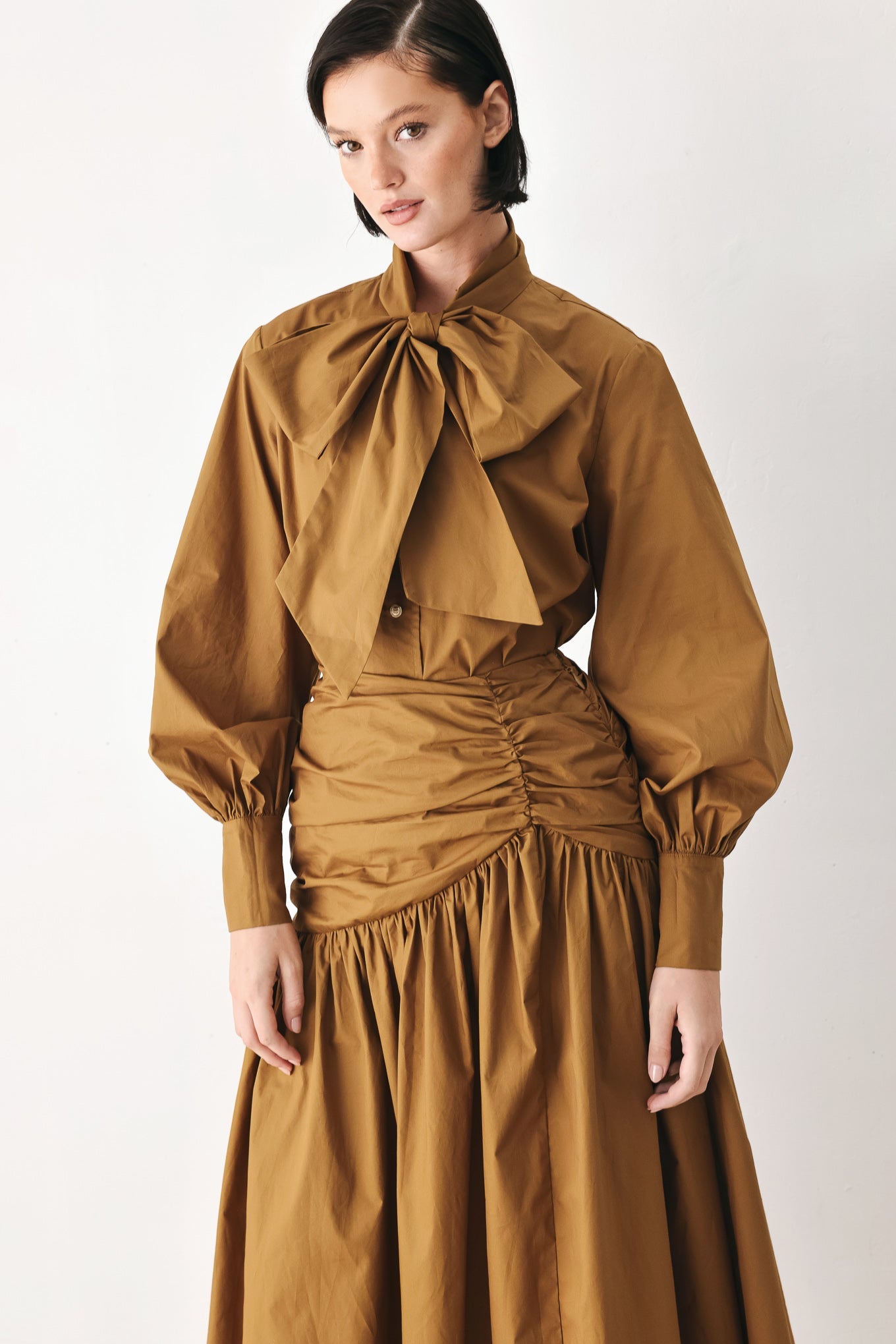 Golden Brown Cascade Woven Midi Skirt
