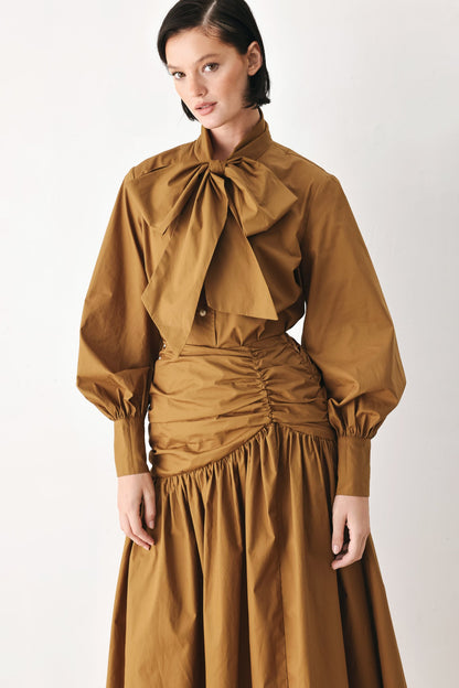 Golden Brown Cascade Woven Midi Skirt