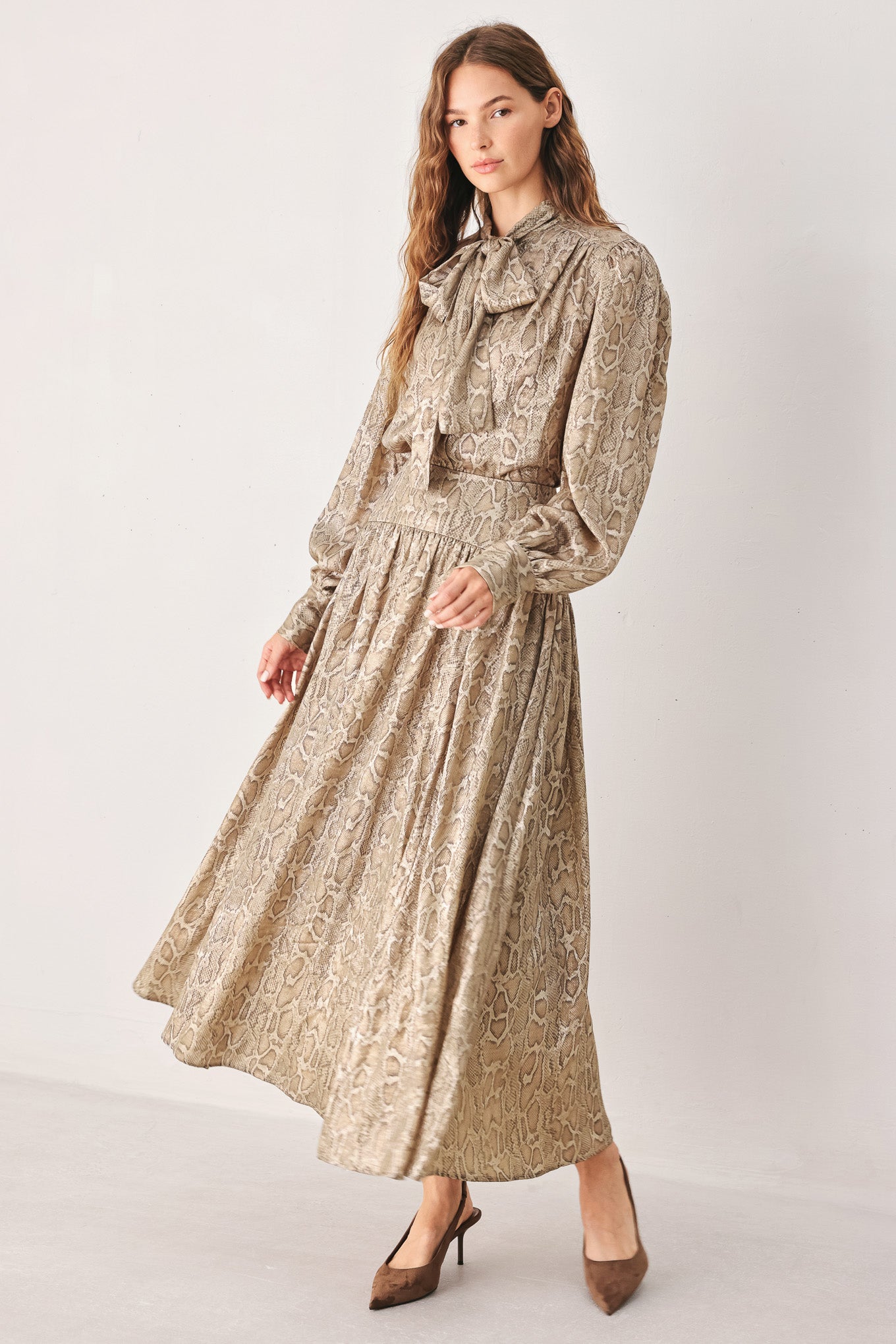 Serpentine Taupe Snakeskin Woven Midi Skirt