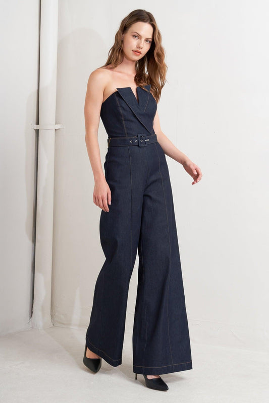 Le Bonheur V Cut Vow Denim Jumpsuit