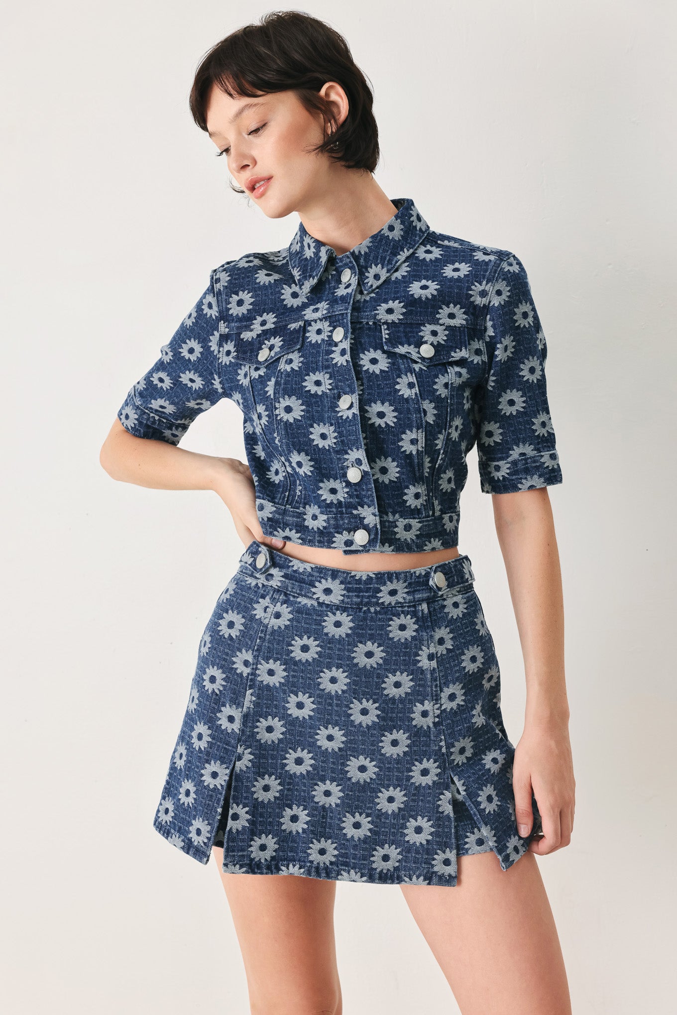 Sweet Daisy Woven Jacquard Denim Skort
