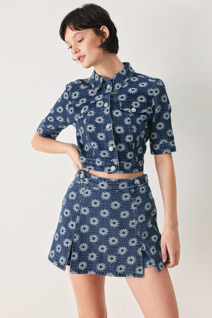 Sweet Daisy Woven Jacquard Denim Skort