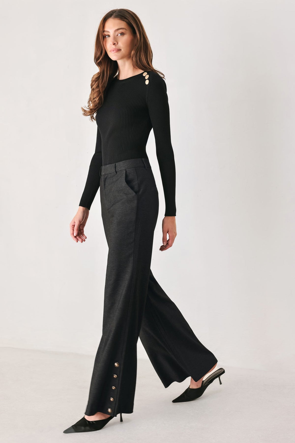 Command Noir Black Button-hem Flare Pants