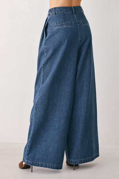 Blue Echo Pleated Denim Wide Leg Pants