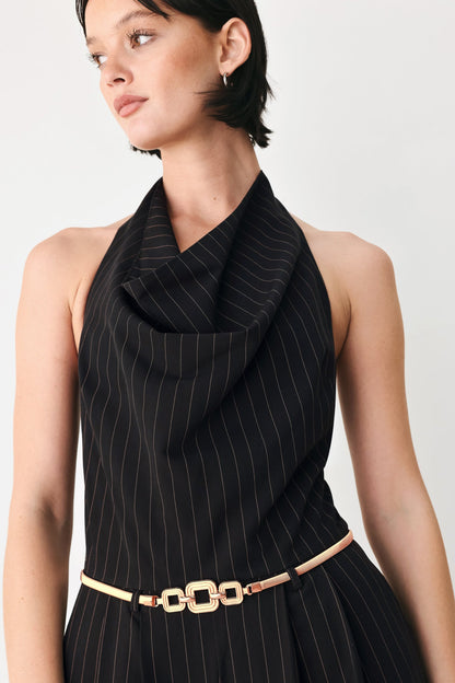 Midnight Poise Black Halter Belted Wide-leg Jumpsuit