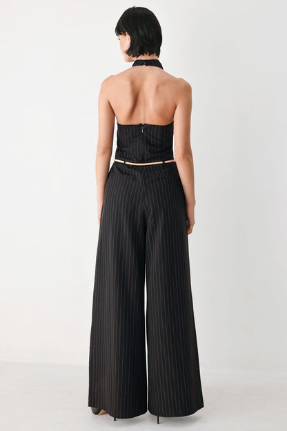 Midnight Poise Black Halter Belted Wide-leg Jumpsuit