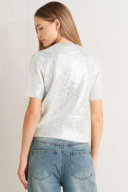 Moonlit Shimmer Silver Foil Short-sleeve Sweater Top