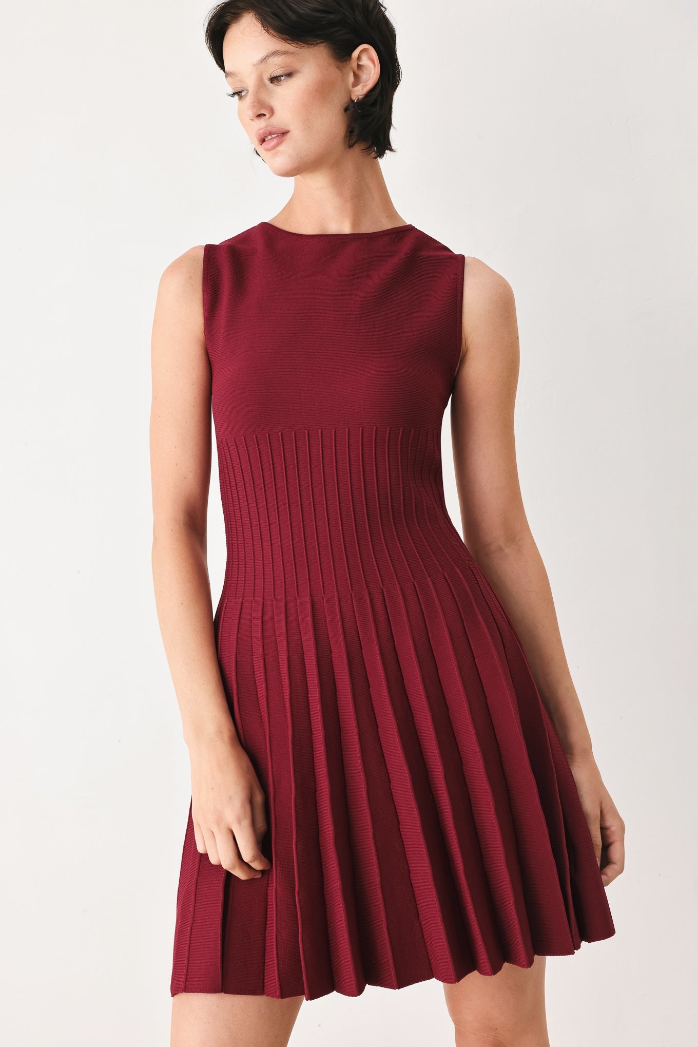 pleated sweater dress mini Womens Long Sleeve Mini Dress Fall Ribbed Knit Crew Neck Pleated Swing  Casual Sweater Dresses