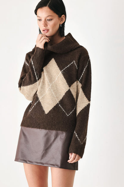 Cozy Moments Brown Argyle Cowl Neck Sweater