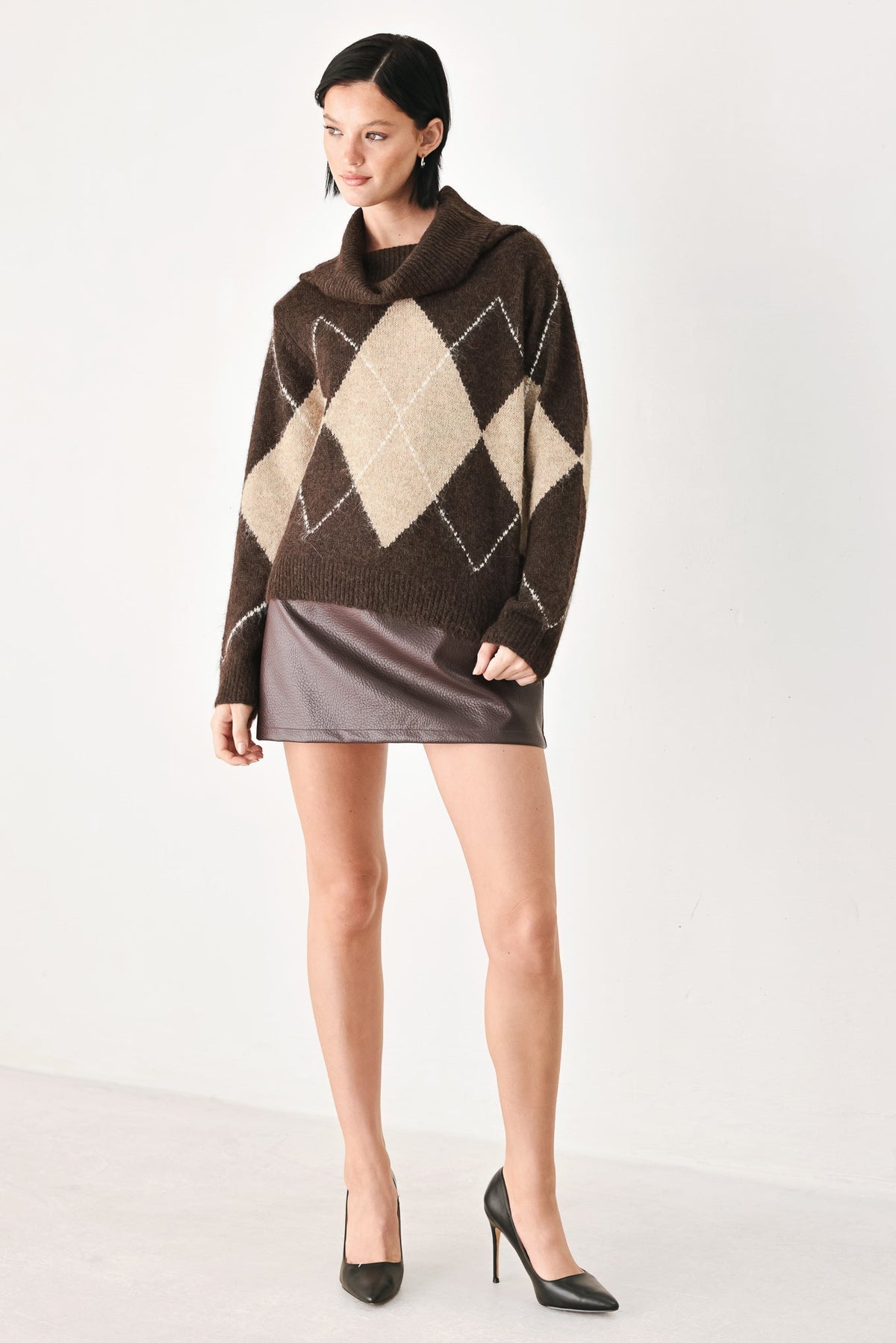 Cozy Moments Brown Argyle Cowl Neck Sweater