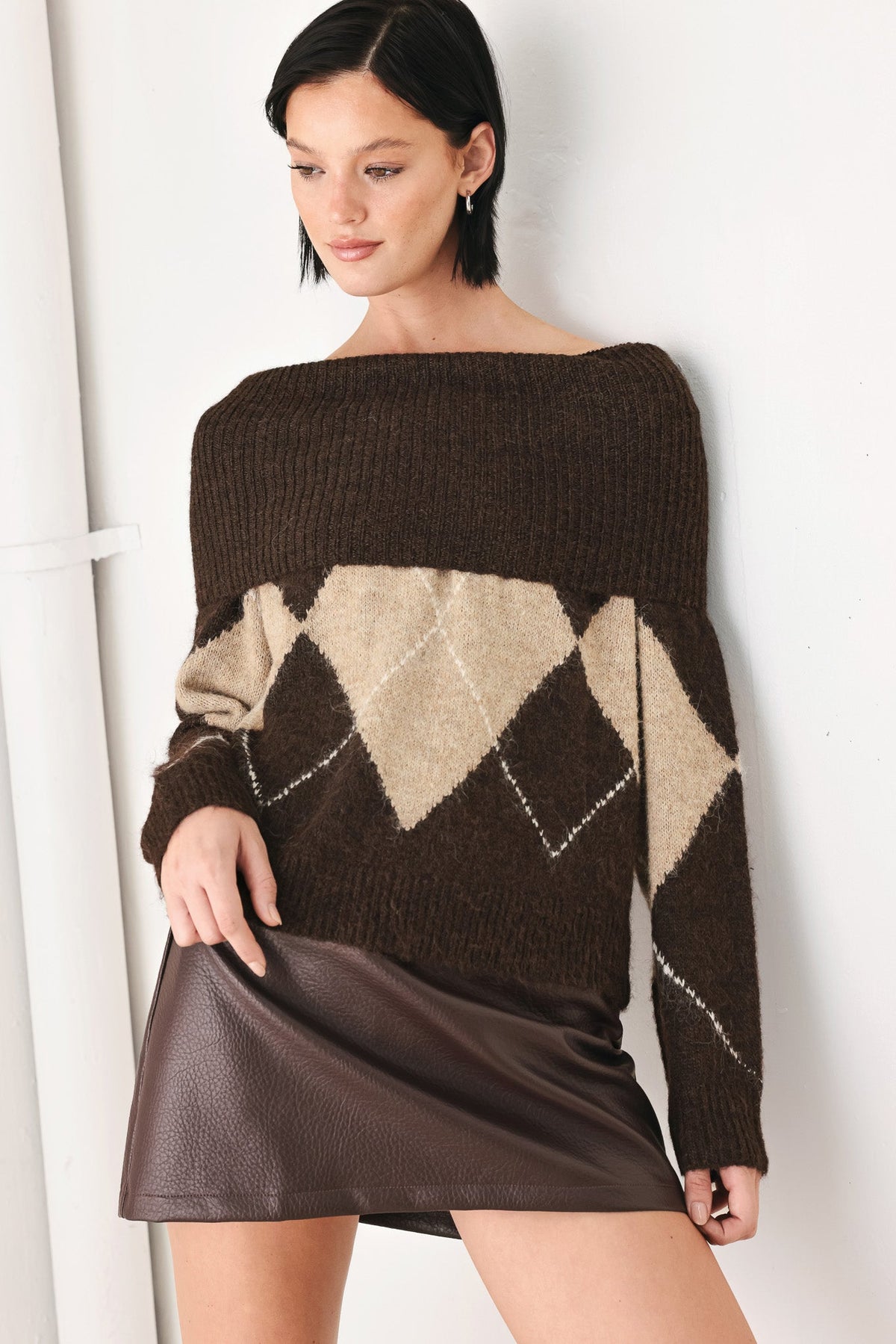 Cozy Moments Brown Argyle Cowl Neck Sweater