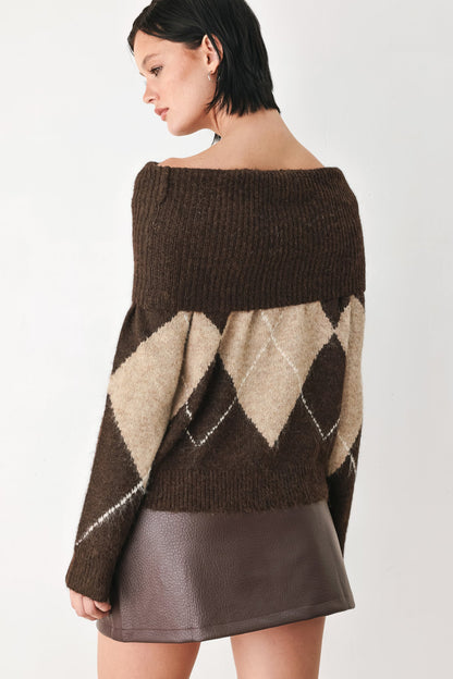 Cozy Moments Brown Argyle Cowl Neck Sweater
