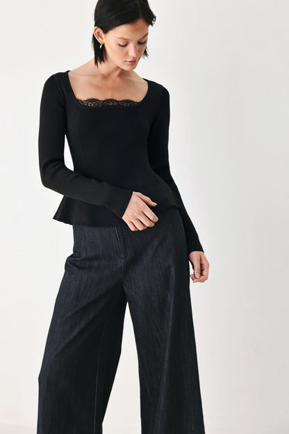 Sweet Devotion Black Lace-trim Square Neck Sweater