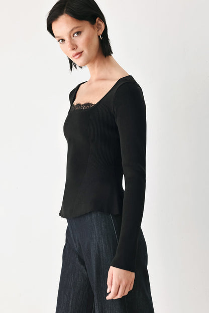 Sweet Devotion Black Lace-trim Square Neck Sweater