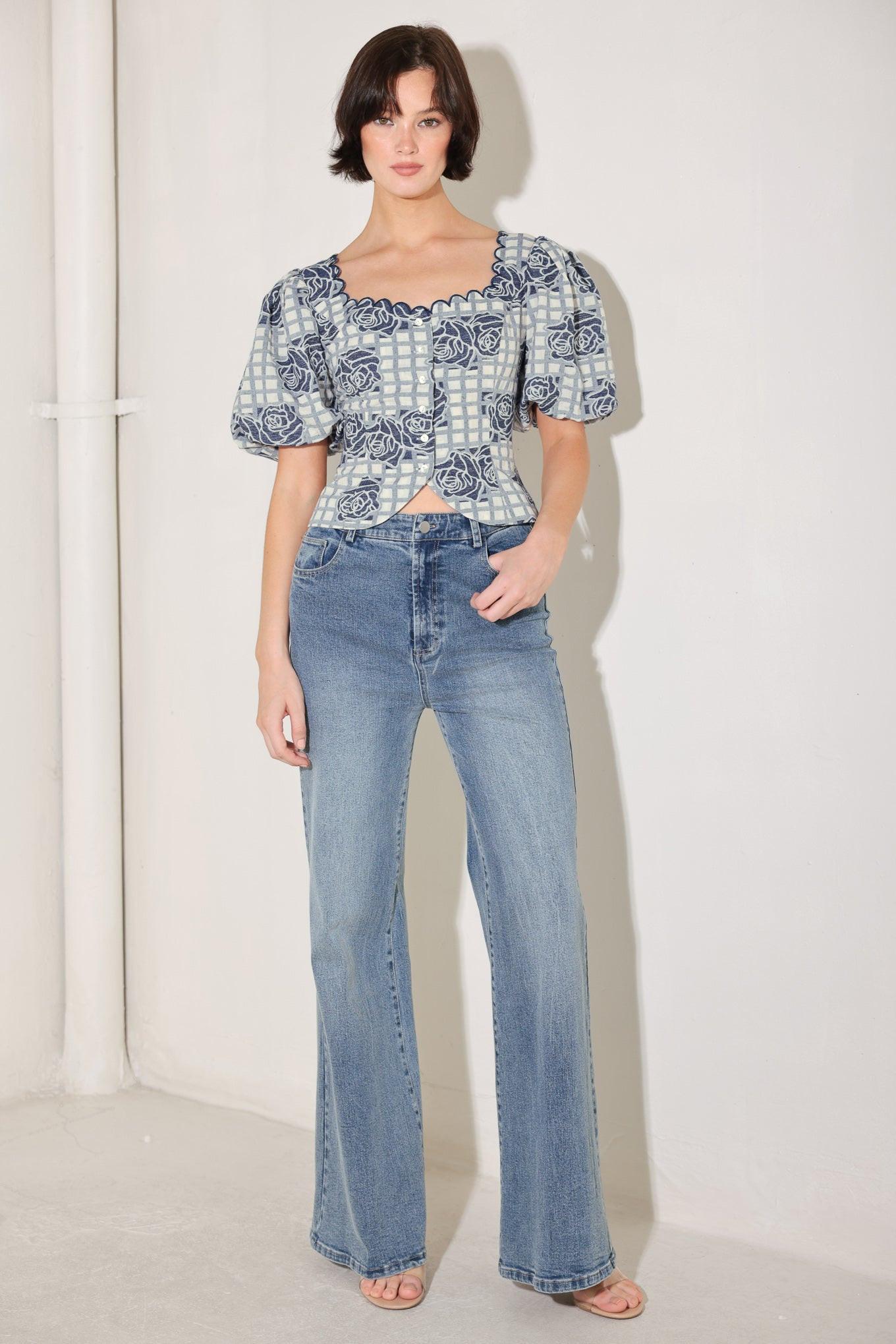 Sweet Check Romance Woven Jacquard Top