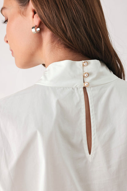 Ivory Impact Off White Asymmetrical Tie-neck Puff-sleeve Top