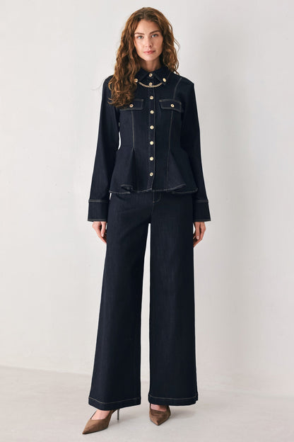 Indigo Icon Dark Indigo Chain-detail Peplum Denim Top