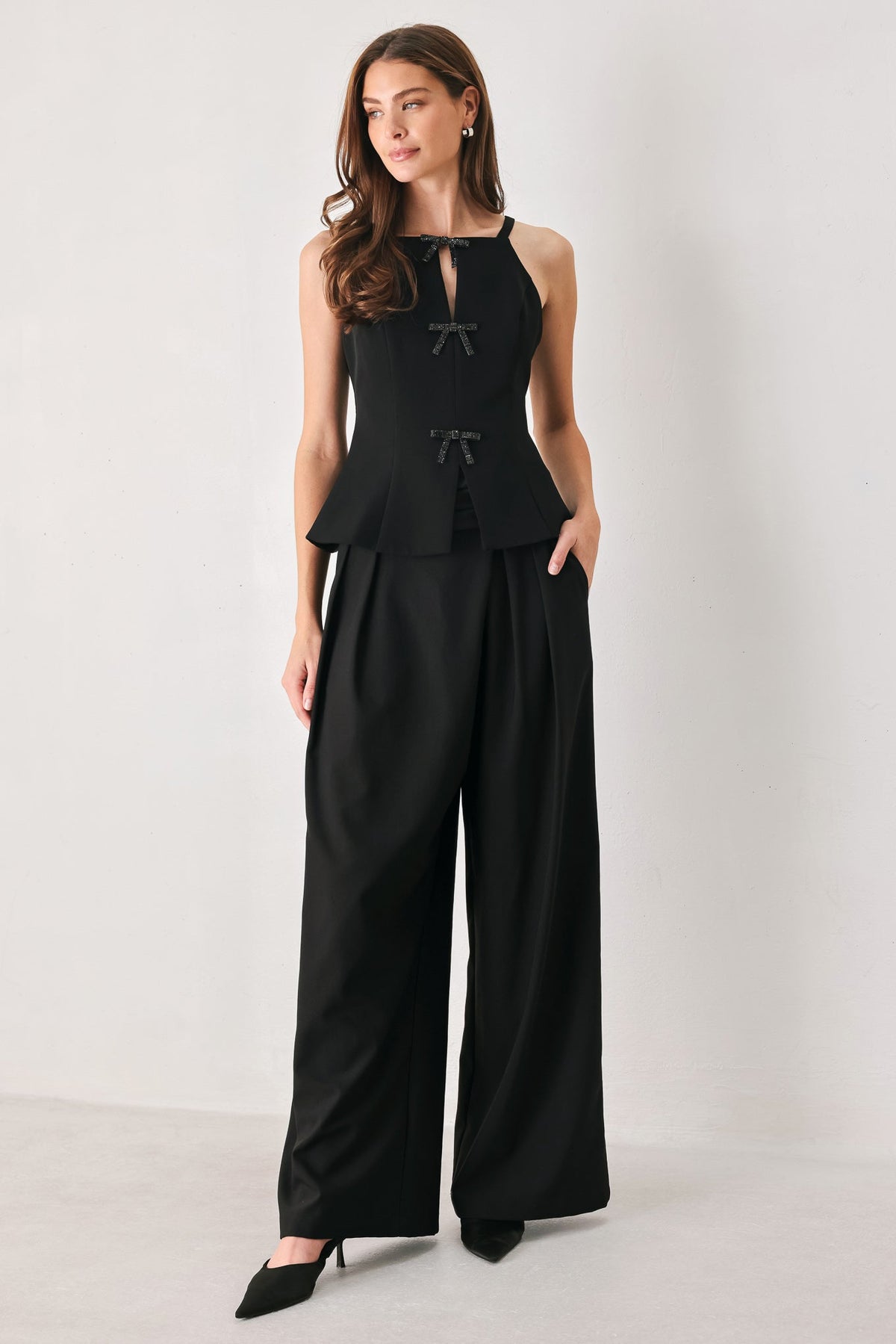 Bow Noir Black Rhinestone Halter Peplum Top