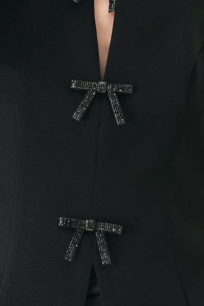 Bow Noir Black Rhinestone Halter Peplum Top