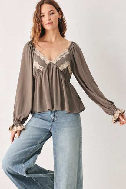 Greige Romantic Lace-trim Woven Top