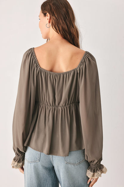 Greige Romantic Lace-trim Woven Top