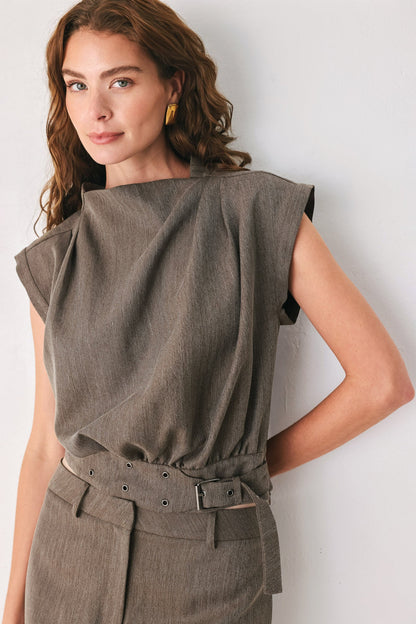 Tailored Tempo Brown Funnel-neck Belted Top