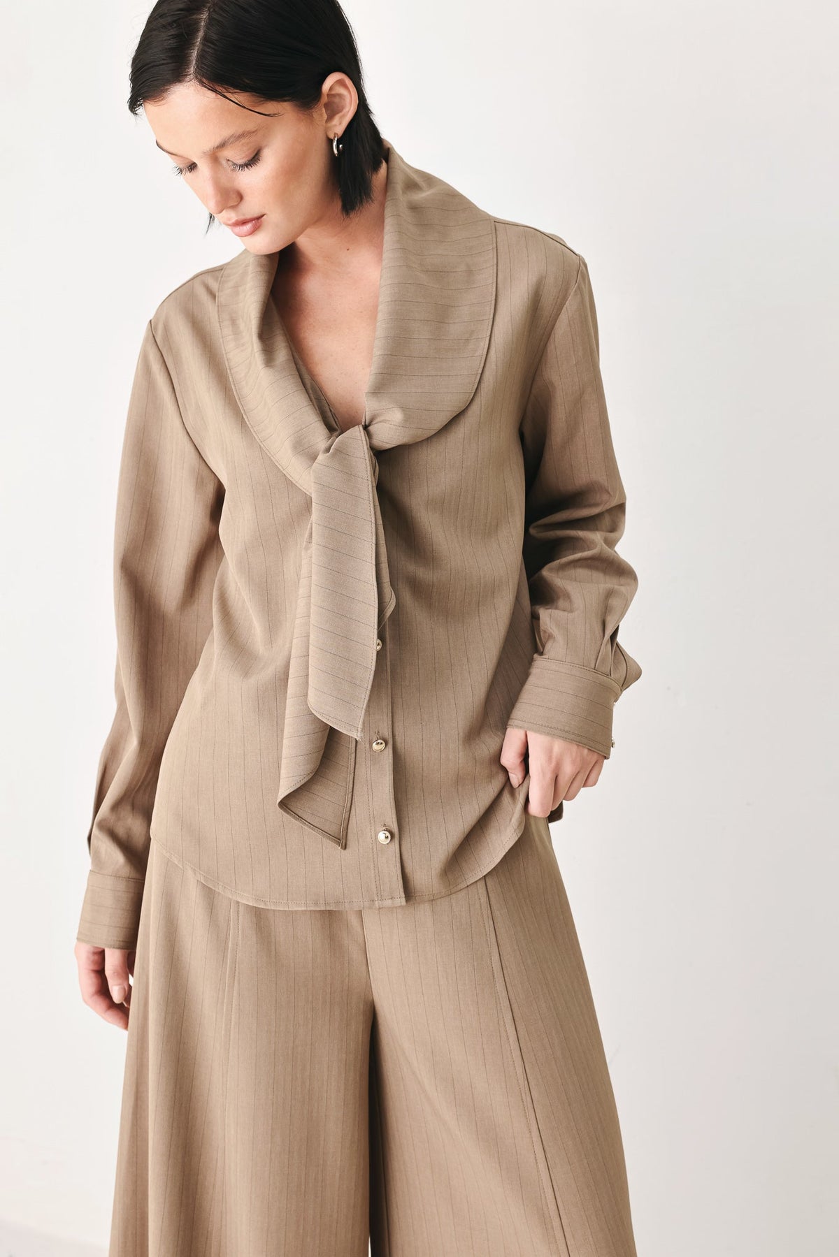 Mocha Muse Scarf Tie Button Down Top