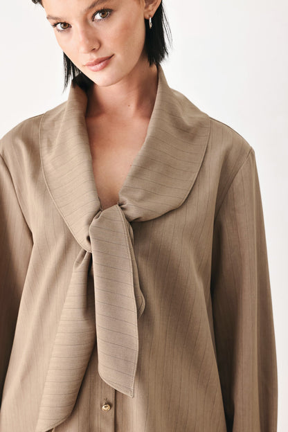Mocha Muse Scarf Tie Button Down Top