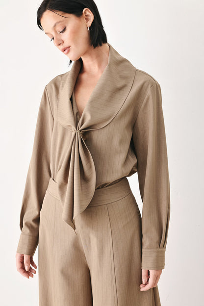 Mocha Muse Scarf Tie Button Down Top