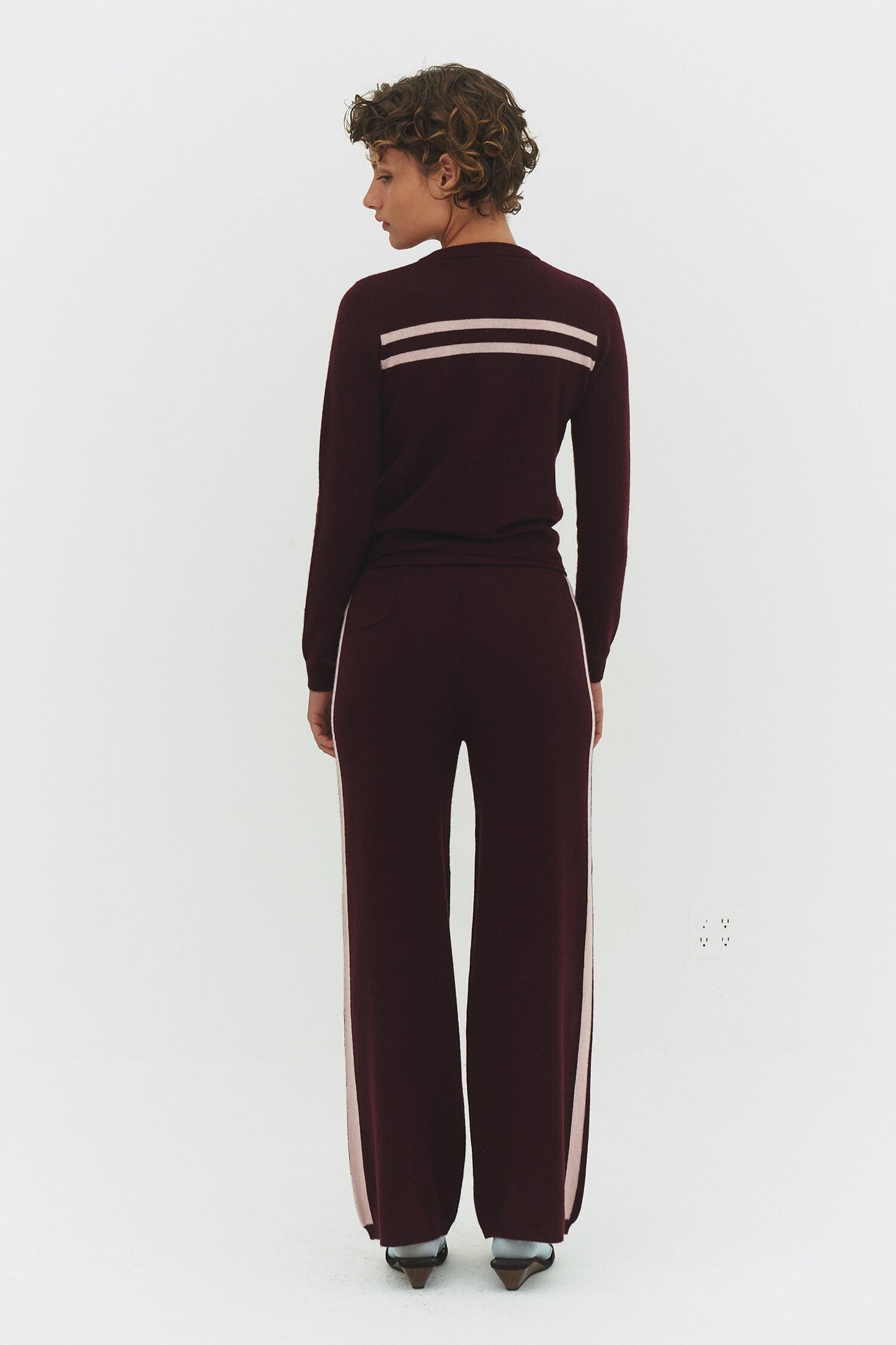 Cashmere Wool Stripe Cardigan in Raspberry Cream