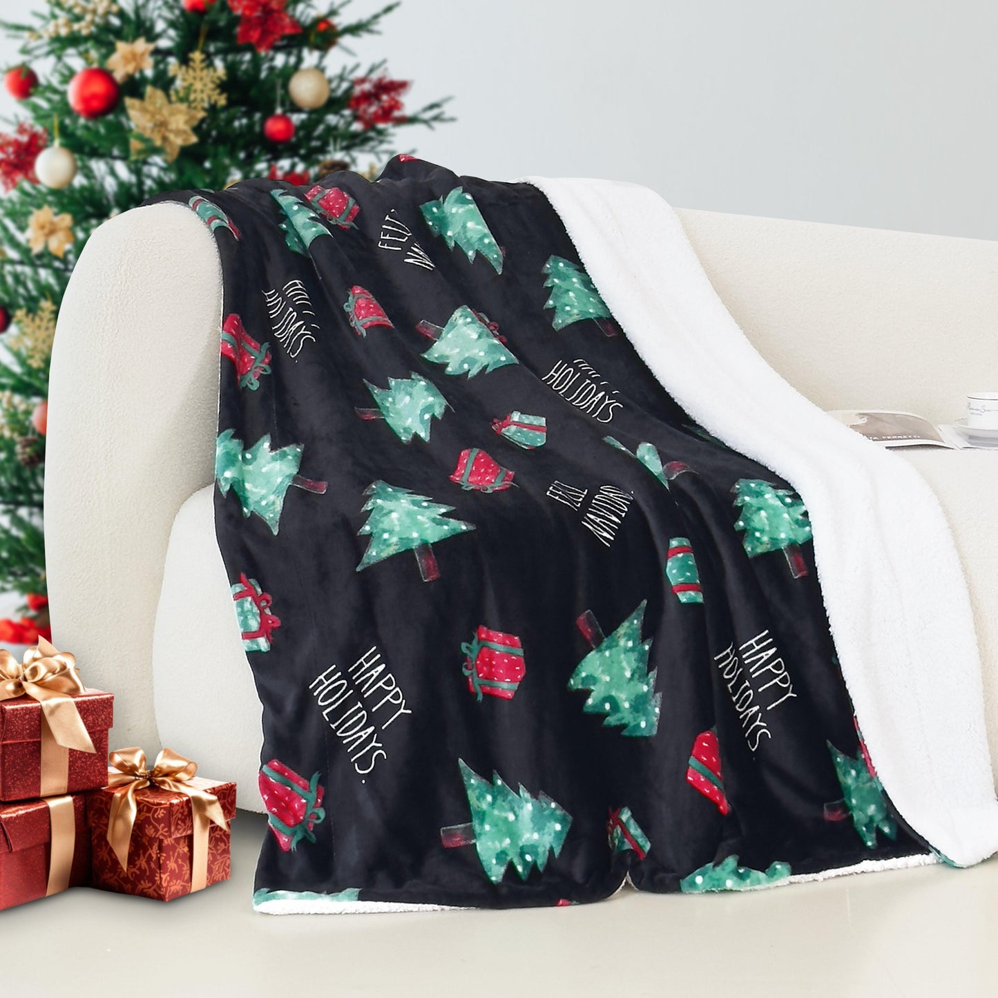 Elegant Comfort Christmas Sherpa Throw with Flannel Fleece - 50 x 60 inches