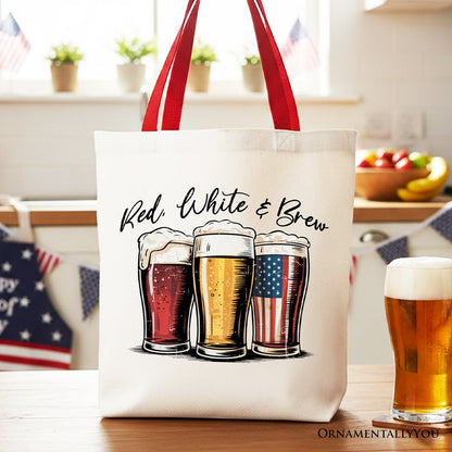 Red White and Brew Beer American Tote Bag, Patriotic USA 4th of July Gift Shopper