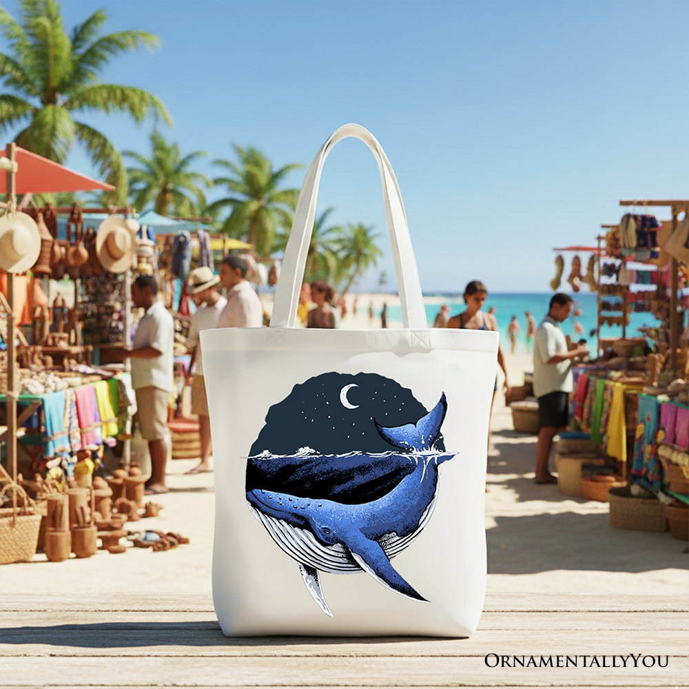 Moonlit Whale Vintage Tote Bag, Night Ocean Retro Gift Shopper