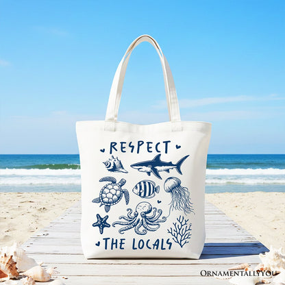 Respect the Locals Ocean Animals Canvas Tote Bag, Cute Vacation Gift Shopper