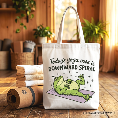 Yoga Frog Downward Spiral Tote Bag, Funny Mental Health Humor Gift Shopper