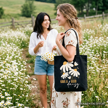 Have a Good Daisy Tote Bag, Floral Gift Shopper with Positive Retro Vibes