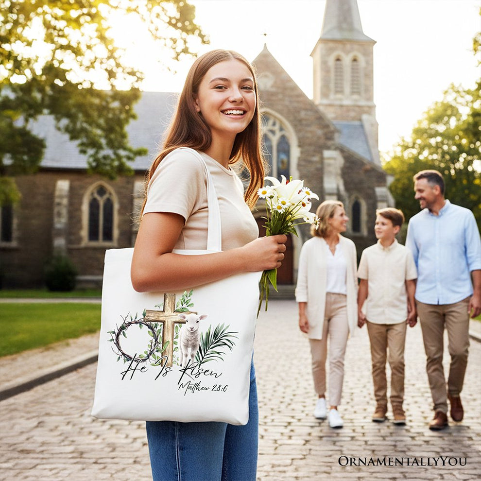 He Is Risen Lamb Cross Christian Easter Tote Bag, Bible Verse Matthew ...