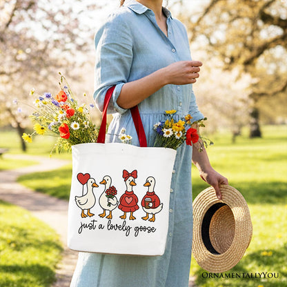 Just a Lovely Goose Valentine Canvas Tote Bag, Coquette Cute Love Printed Gift Bag