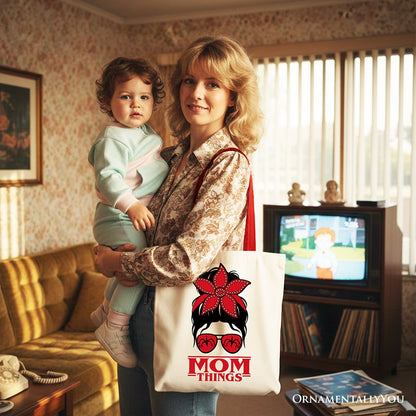 Mom Things Messy Bun Retro Canvas Tote Bag, Red Bandana Glasses Family Matching Gift Shopper
